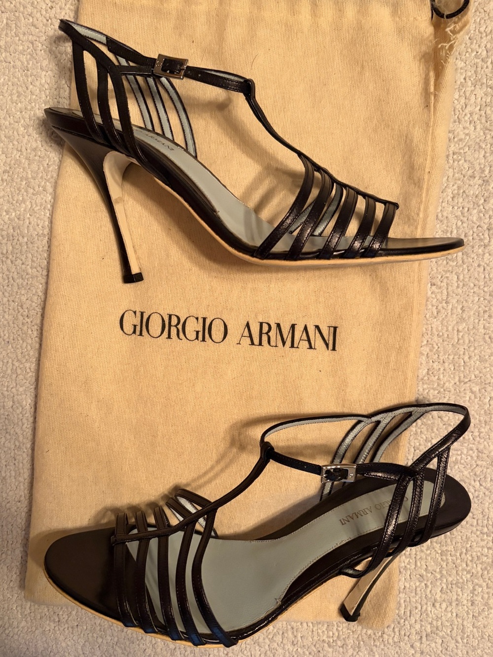 Giorgio Armani Black Strappy T‑Bar Slingback Heels